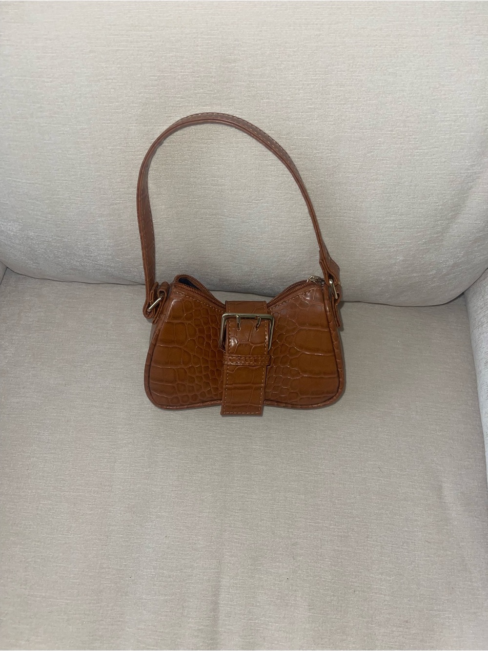 Croc-Embossed Saddle Shoulder Bag in Brown